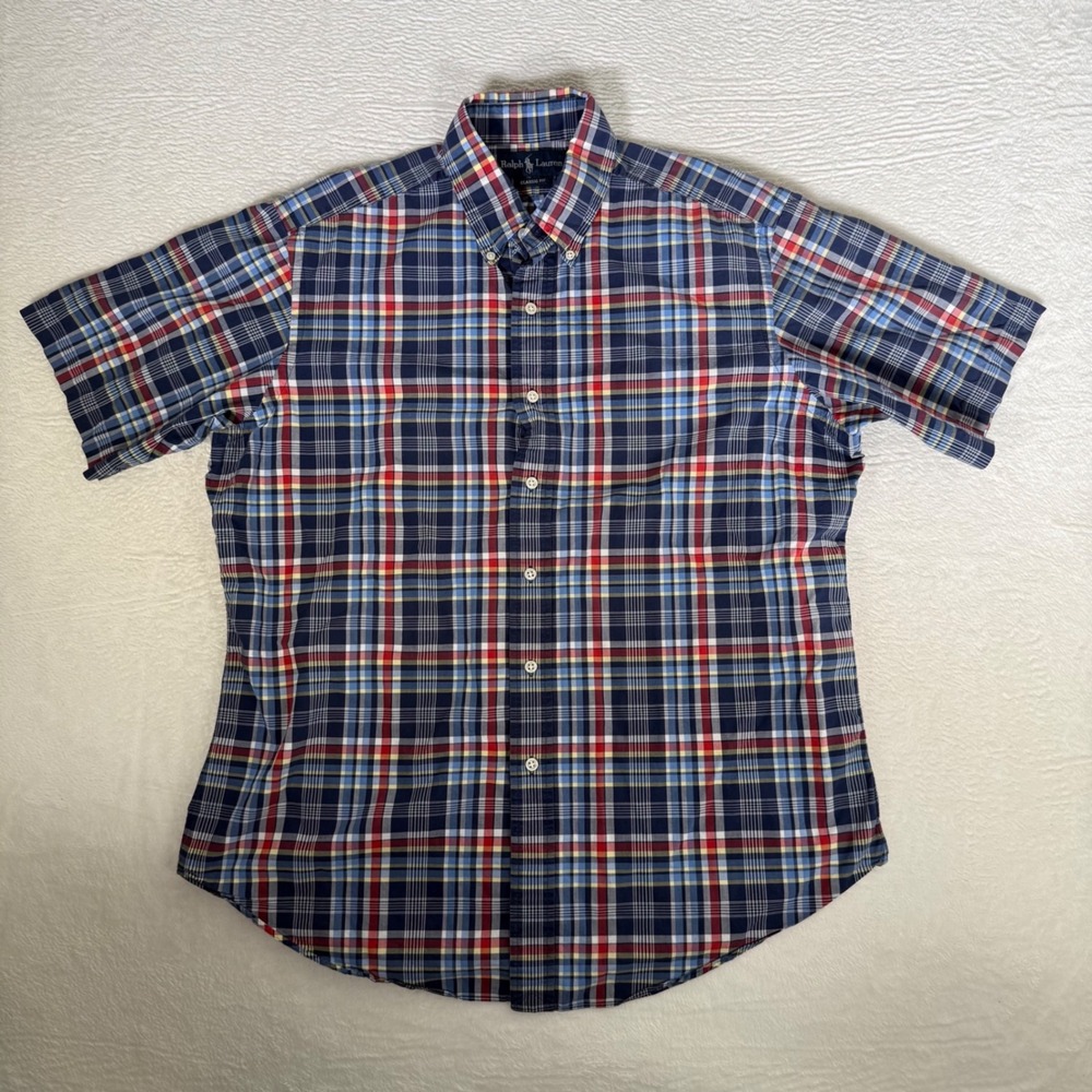Ralph Lauren Mens Classic Fit Short Sleeve Plaid Button Down Shirt Blue Red L